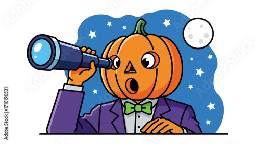 Pumpkin Observer: A whimsical illustration portrays a person with a pumpkin head gazing intently through a telescope beneath a starry night sky and moon, evoking curiosity and a sense of wonder.