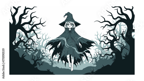 Enchanting Witch in Forest: A mysterious witch gracefully moves in a spooky forest, shrouded in dark mist and surrounded by gnarled trees. A scene that captures the magical feeling of halloween. 