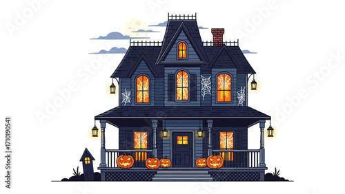 Haunted House: An ominous haunted house, a symbol of eerie tales and spooky traditions, standing tall on a moonlit night. The illustrated house glows with a spooky and playful essence.