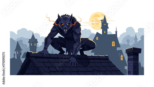 Werewolf Silhouette Under a Glowing Moon: A formidable werewolf crouches atop a gothic rooftop, under a haunting full moon. A digital artwork full of the eerie darkness of a classic tale.