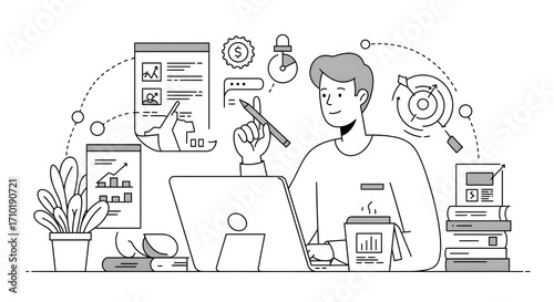 A man sitting at a desk with a laptop and a phone for business presentation, website design, technology blog, or digital marketing