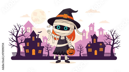 Mummy Witch on Halloween Night: A delightful illustration capturing a mummy witch in a bewitching Halloween scene, trick-or-treating under the eerie glow of a full moon.