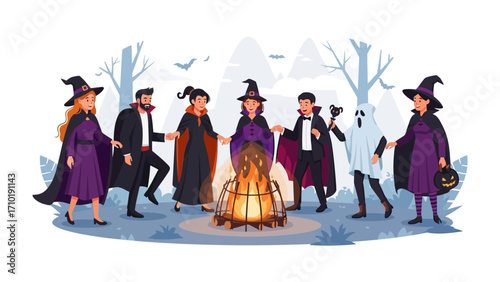 Halloween Gathering by Campfire: A group of costumed figures, representing the essence of Halloween, gather around a campfire.