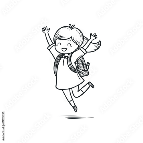 Happy school girl with backpack jumping doodle illustration in vector on isolated white background