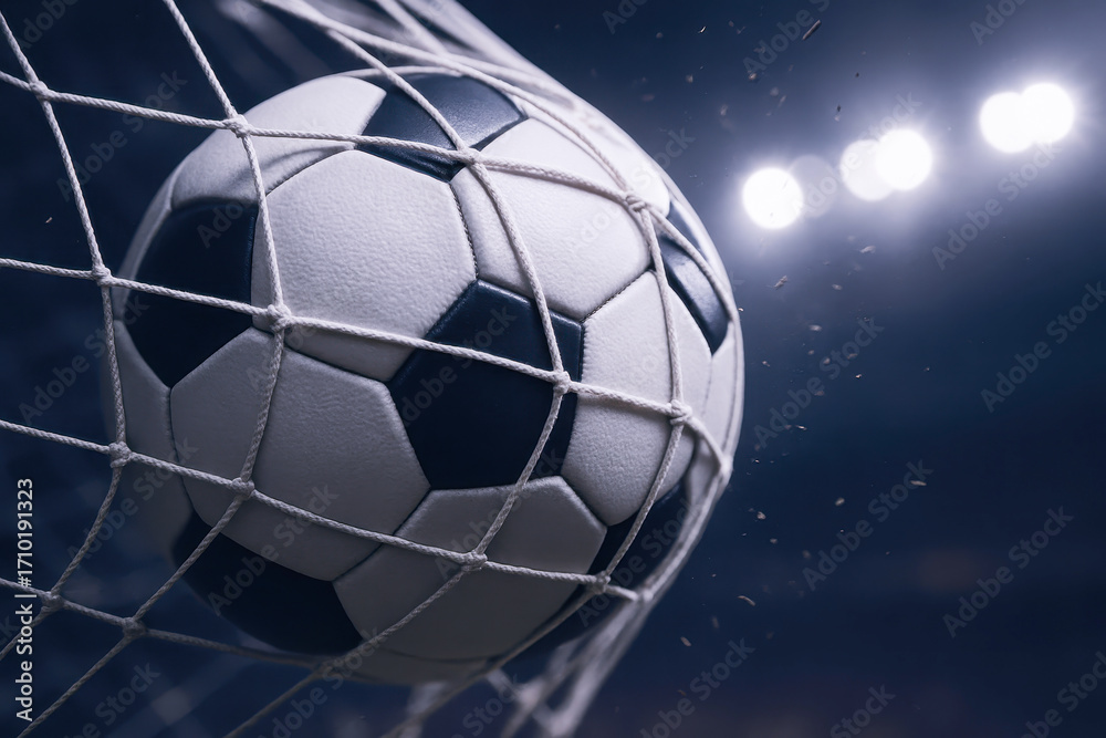 Naklejka premium Soccer ball hitting net in glowing stadium under bright lights. Concept of goal celebration, victory, energy, competition, and dramatic football photography.