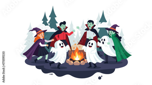 Halloween Celebration: A vibrant illustration showcases a spirited gathering of vampires, witches, and ghosts around a crackling campfire, conjuring the essence of Halloween festivities.