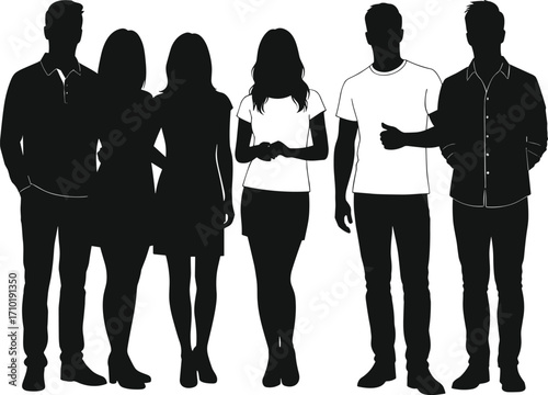 Vector silhouette of six standing people in casual and formal clothing isolated on white background for design use