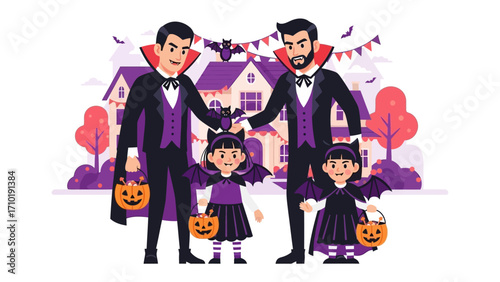 Spooky Family Halloween: A vampire couple and their children stand in front of a festive house, with bats, pennants and other halloween decorations in the foreground.