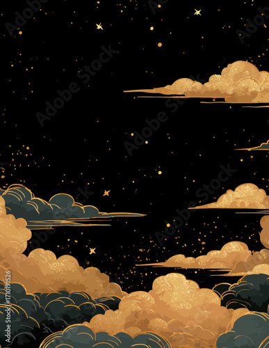 Abstrakter Nachthimmel mit goldenen Sternen und Wolken