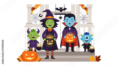 Enchanting Halloween Scene: An animated tableau captures the spirit of Halloween, with costumed characters, a spooky door backdrop, and iconic Halloween elements. 