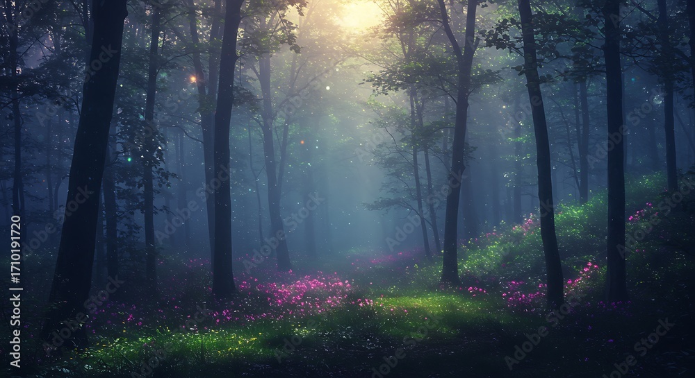 Fototapeta premium Sunlit Forest Path with Green Grass Pink Flowers Misty Light in Natural Setting