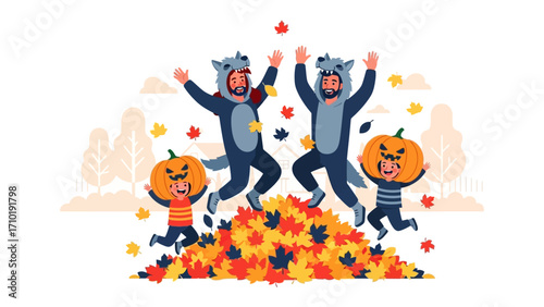 Autumn Harvest Revelry: A joyful scene unfolds with four individuals reveling in a pile of autumn leaves and festive costumes, including a wolf and a pumpkin.