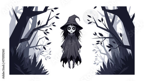 Spooky Enchantress: A chilling illustration of a witch, cloaked in shadow, emerging from a haunted forest, under the haunting gaze of the moon, casting an ominous and fantastical atmosphere.