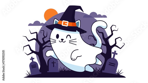 Whimsical Halloween Ghost Cat: A charming illustration of a spectral cat, donned in a witch's hat, playfully gliding through a spooky graveyard scene, perfect for Halloween celebrations.