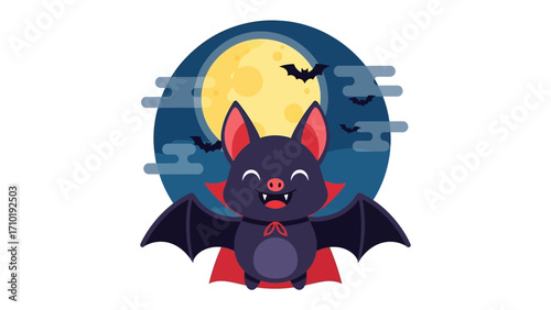 Cute Vampire Bat Under Moonlight: A charming vampire bat with a playful grin soars against the backdrop of a full moon, accompanied by silhouetted bats. Perfect for Halloween celebrations.
