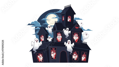 Haunted House Halloween Spectacle: Eerie and captivating, a haunted house, adorned with ghostly figures, evokes a festive mood amidst a moonlit backdrop. The ominous charm for this special festival.
