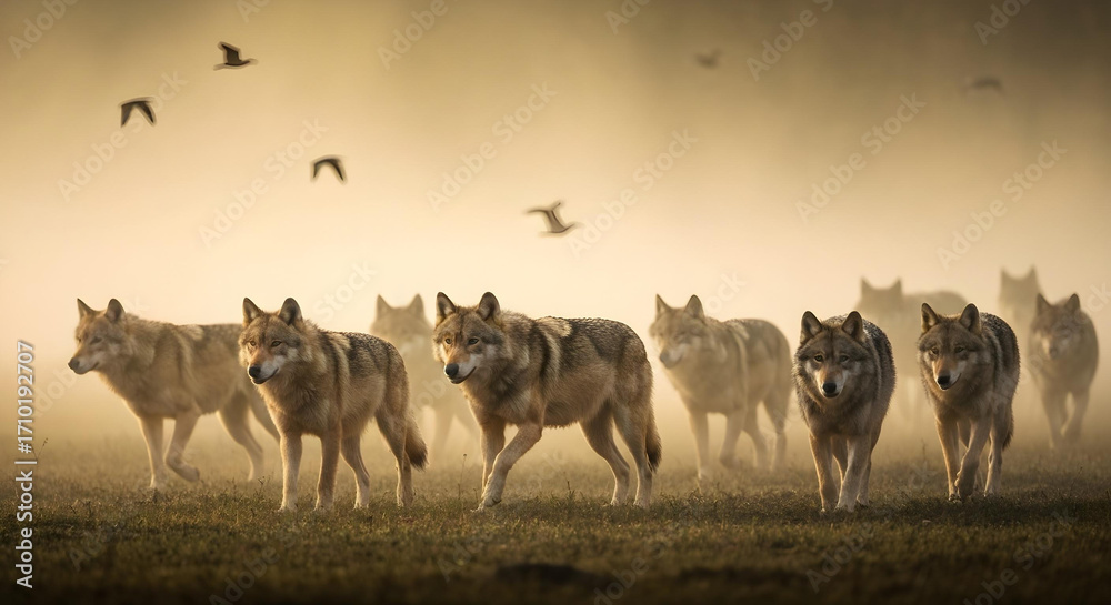 Obraz premium Wolves move through misty golden landscape with ethereal lighting.