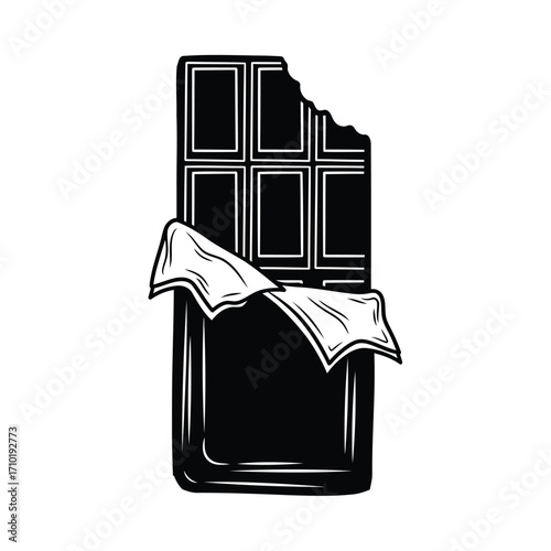 Illustration of a chocolate bar with a bite taken out of it and wrapper partially peeled, perfect for dessert