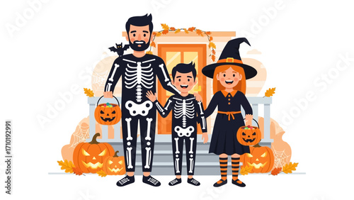 Halloween Family: A festive family dressed in Halloween costumes, standing on a porch with jack-o'-lanterns and autumn decor, ready for trick-or-treating.
