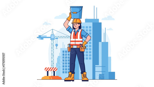 Hardhat Hero: A resilient construction worker stands tall, balancing a bucket atop her hardhat with effortless poise. Embracing the spirit of perseverance and construction ambition.