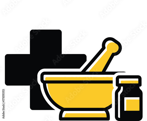 Pharmacy and medicine symbols with mortar and pestle