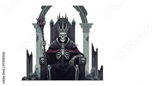 Monarch of Shadows: A skeletal figure, adorned in regal attire, sits majestically upon an ornate throne, gripping a scepter, embodying the essence of authority, power, and the mystique of the unknown.
