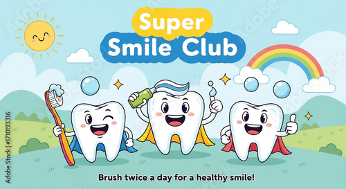 Three cartoon teeth in super smile club with toothbrush