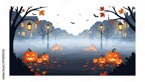 Spooky Halloween Lane: An illustration features a spooky Halloween scene, with glowing jack-o'-lanterns lining a misty street, set against a backdrop of darkened trees, flying bats.
