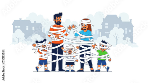 Wrapped Family: A comical illustration of a family, humorously wrapped in bandages, with a spooky house backdrop, capturing the essence of Halloween spirit.