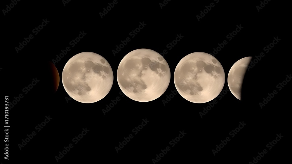 Obraz premium Five moon phases each depicting a unique scientific phenomenon artistically.