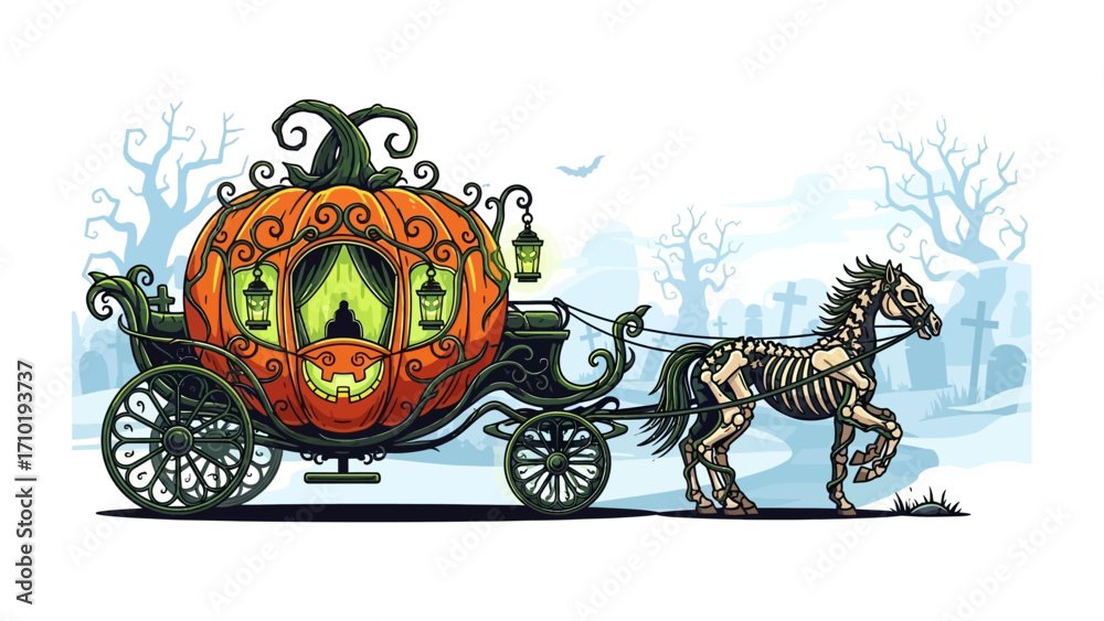 Fototapeta premium Halloween Pumpkin Carriage: An eerie illustration of a pumpkin carriage, pulled by a skeletal horse, rolls through a spooky graveyard, embodying the essence of Halloween. 