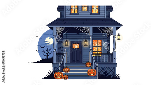 Spooky Halloween House Illustration: A chilling Halloween scene unfolds with a haunted house, adorned with eerie decorations under a moonlit night.