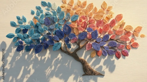 Colorful beaded tree on a white wooden surface, a vibrant display of natures beauty and artistic craftsmanship