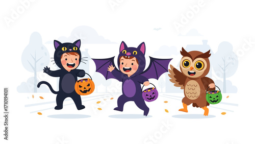 Halloween Trick-or-Treat Adventure: Capture the spirit of Halloween with three children in adorable costumes, ready for trick-or-treating, their faces lit up with anticipation and joy.