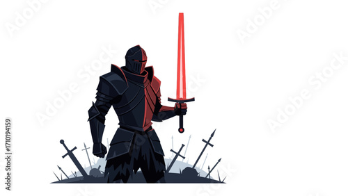 Dark Knight: A silhouette of a knight clad in black armor stands resolute, a gleaming red sword held high against a dramatic backdrop of fallen swords, embodying courage, and strength.