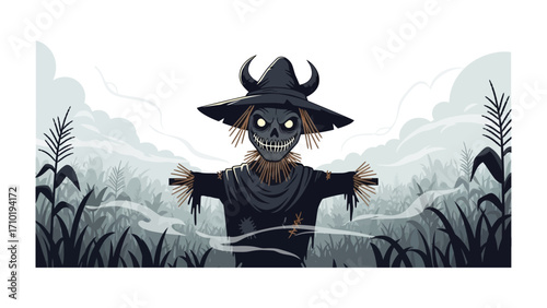 Spooky Scarecrow in Field: A spooky scarecrow, with ominous glow, stands sentinel amidst the cornfields, embodying the spirit of Halloween in eerie illustration