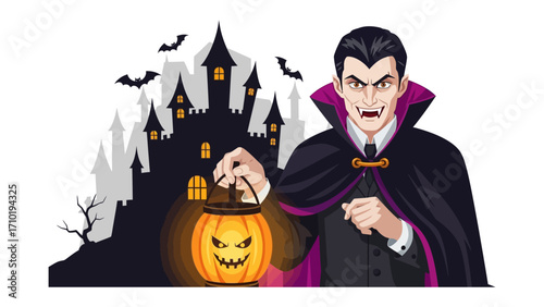 Vampire with a Pumpkin Lantern: A sinister vampire figure, cloaked and brooding, brandishes a glowing pumpkin lantern before a silhouetted haunted castle.