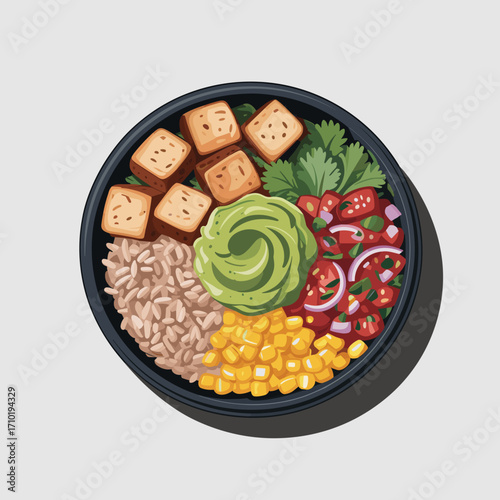 Vegan Burrito Bowl with Tofu, Guacamole, and Fresh Slsa Vector