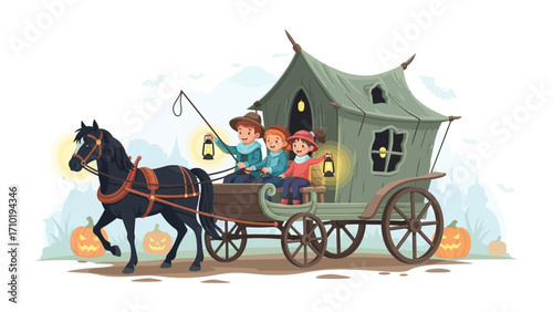 Whimsical Carriage Ride: In this charming illustration, a horse-drawn carriage transports its passengers through a scene of festive fun. It depicts a magical journey filled with laughter. 