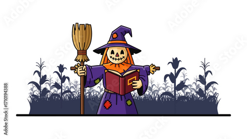 Scarecrow Reading a Book: A whimsical scarecrow, with a smiling face and adorned in a traditional hat, is found in a stylized cornfield while reading a captivating book.