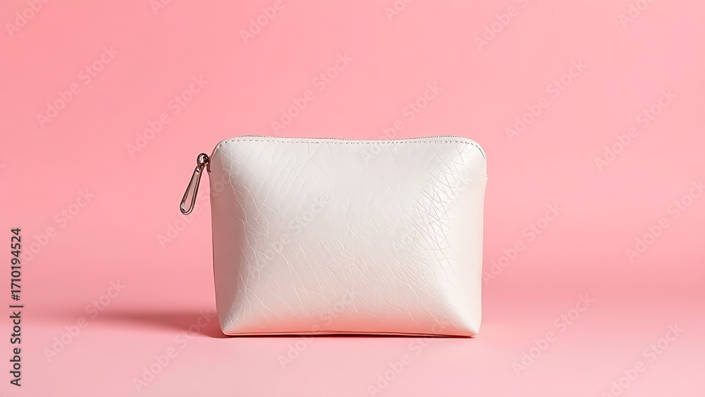 Fototapeta premium Elegant cosmetic bag on soft pink background, highlighting texture and design.