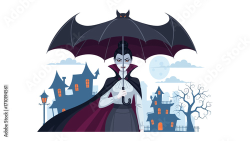 Gothic Allure: An Illustration of a haunting vampire under bat-shaped umbrella, standing before a spectral castle in a dark, dramatic illustration, creating a sense of mystery and suspense.