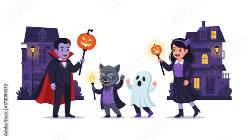 Spirited Halloween Parade: A cheerful procession of costumed characters – a vampire, a werewolf, a ghost, and a young girl – carry illuminated jack-o'-lanterns.