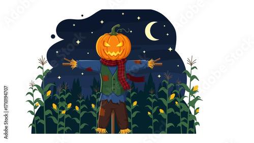 Scarecrow under the night sky: A whimsical and enchanting scene of a scarecrow with a pumpkin head, standing guard in a cornfield under a starry night sky, captured in an illustration style.