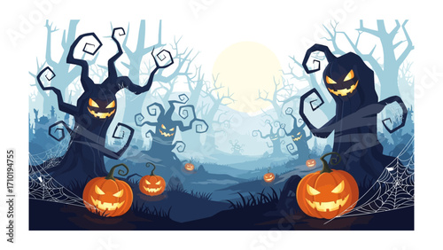 Spooky Halloween Forest: Illustration featuring a night time Halloween scene. Includes carved pumpkin lanterns.
