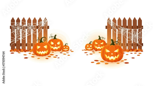 Spooky Halloween Scene with Pumpkins and Gate: A festive Halloween scene is brought to life with glowing jack-o'-lanterns and an ornamental gate with web decor, ready for a night of spooky revelry. 