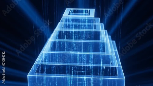 Abstract Blue Glowing Digital Pyramid Structure Representing Data Hierarchy and Technological Concepts on Dark Background
