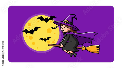 Whimsical Witch's Flight: An enchanting illustration depicts a smiling witch soaring through the night sky on her broom, silhouetted against a radiant full moon, with bats fluttering nearby.