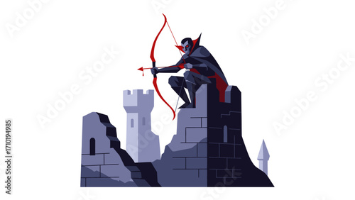 Archer on the Ramparts: An archer stands poised atop ancient battlements, drawing a blood-red arrow. Evoking a sense of suspense and tension, this graphic image captures a moment of anticipation.
