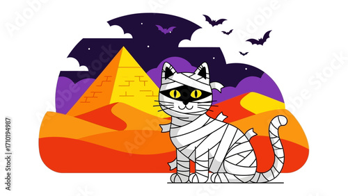 Mummy Cat in Ancient Land: An enchanting illustration showcases a mummy cat, posed against a backdrop of pyramids and desert dunes beneath a starry night sky with bats.
